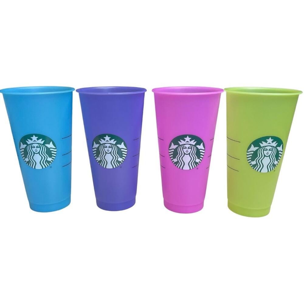 Set of four Starbucks cups colorful plastic reusable pink purple blue green